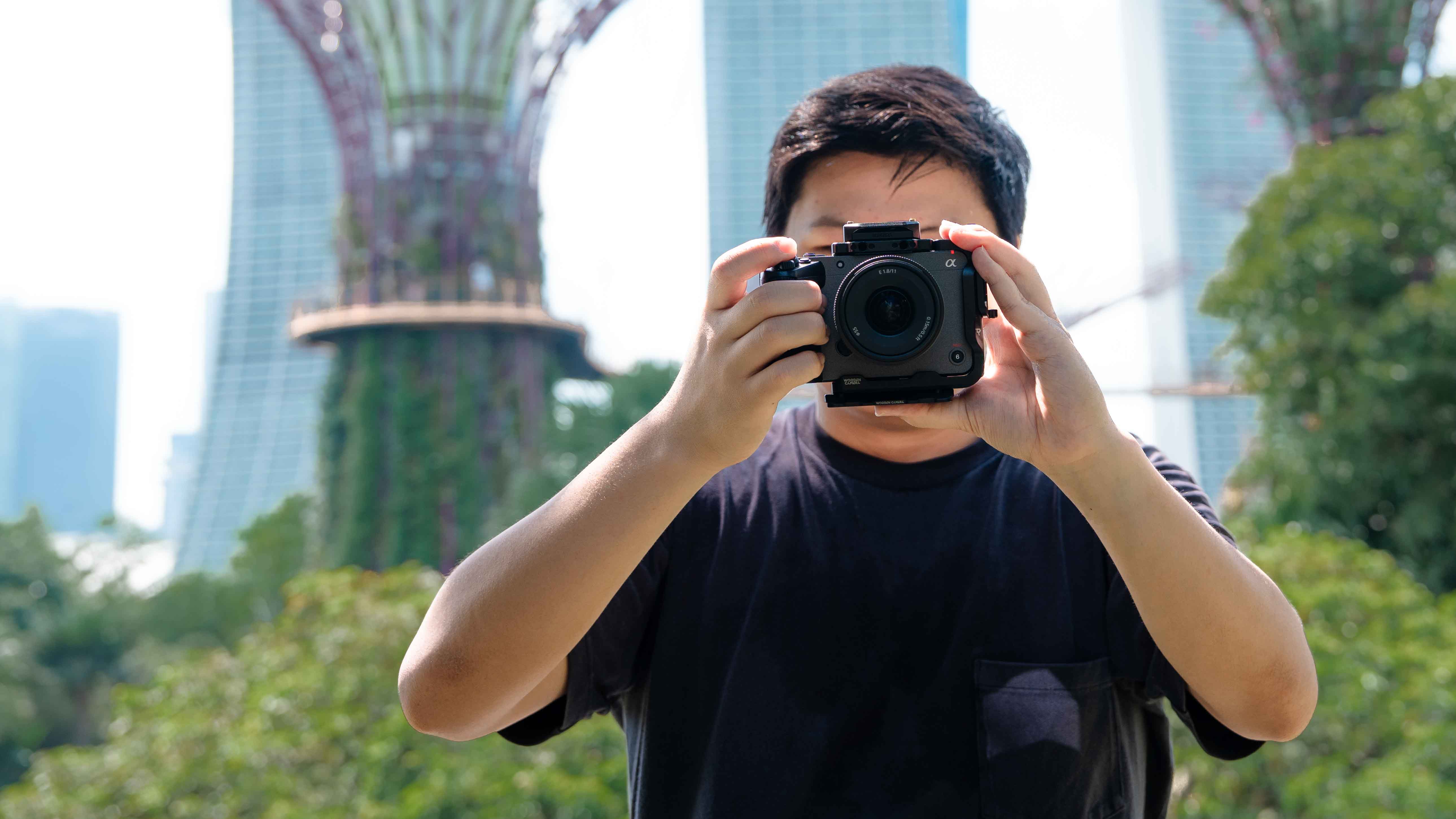Camera gear with city skyline